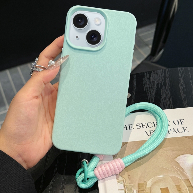 

For iPhone 15 Leather Texture TPU Full Coverage Phone Case with Lanyard(Green)