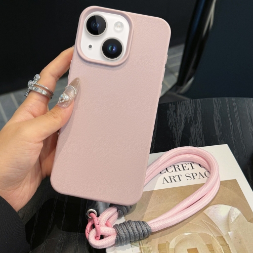 

For iPhone 14 Plus Leather Texture TPU Full Coverage Phone Case with Lanyard(Pink)