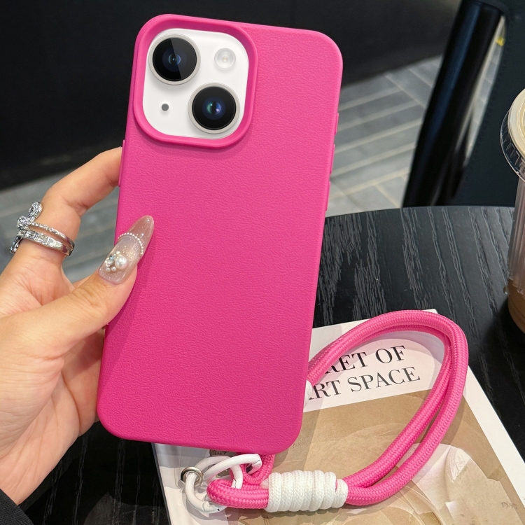 

For iPhone 14 Leather Texture TPU Full Coverage Phone Case with Lanyard(Rose Red)