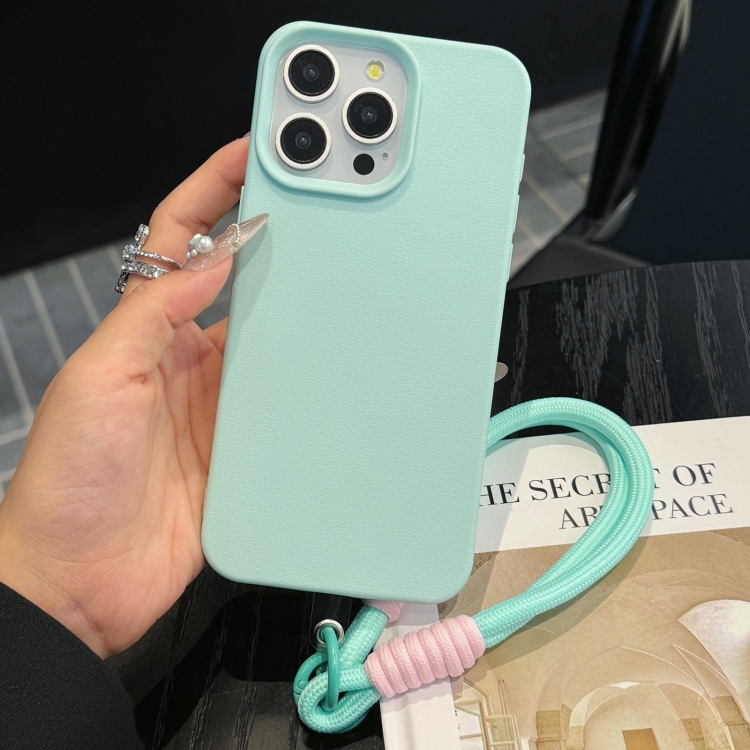 

For iPhone 14 Pro Leather Texture TPU Full Coverage Phone Case with Lanyard(Green)