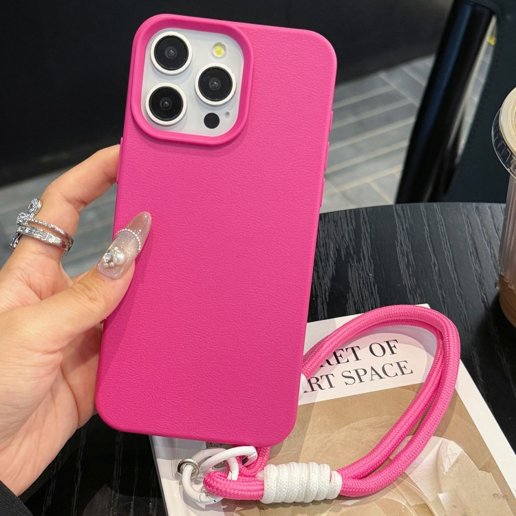 

For iPhone 13 Pro Leather Texture TPU Full Coverage Phone Case with Lanyard(Rose Red)