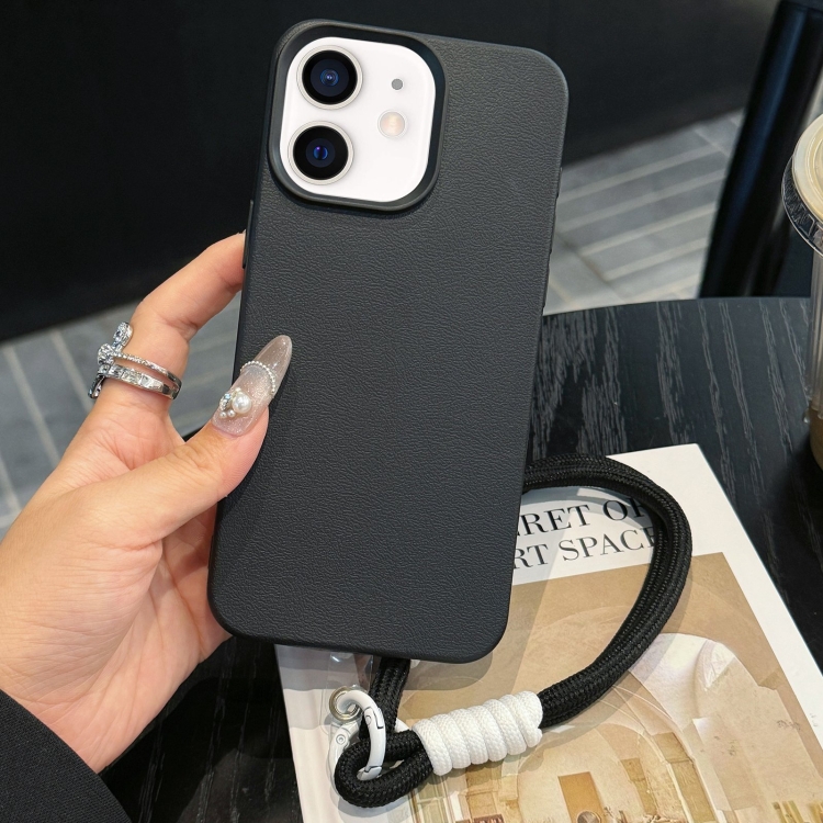 

For iPhone 12 Leather Texture TPU Full Coverage Phone Case with Lanyard(Black)