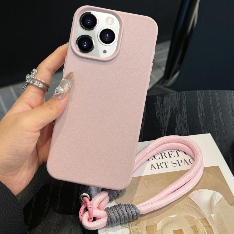 

For iPhone 11 Pro Max Leather Texture TPU Full Coverage Phone Case with Lanyard(Pink)