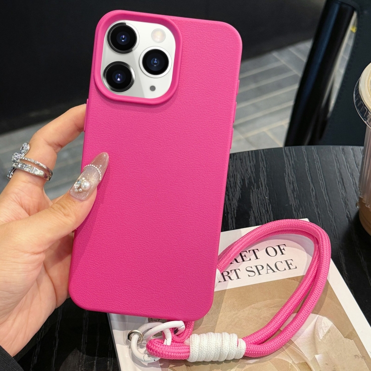 

For iPhone 11 Pro Max Leather Texture TPU Full Coverage Phone Case with Lanyard(Rose Red)