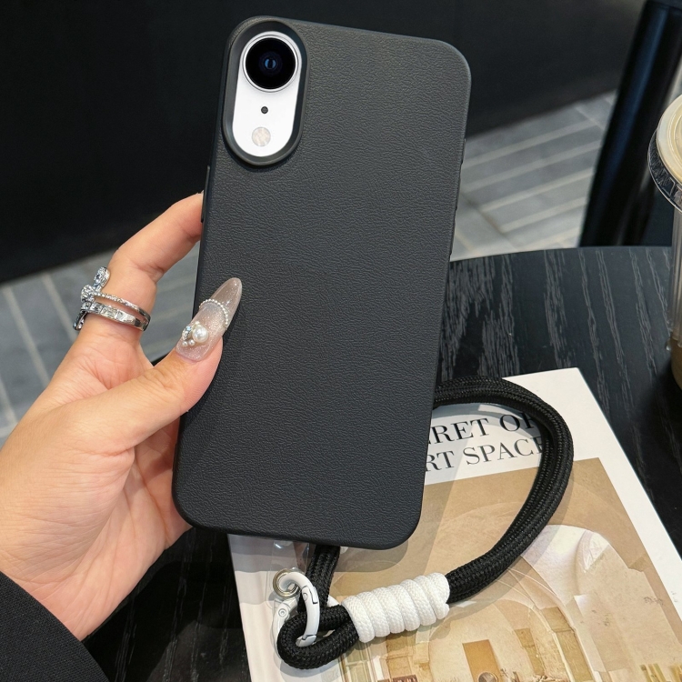 

For iPhone XR Leather Texture TPU Full Coverage Phone Case with Lanyard(Black)