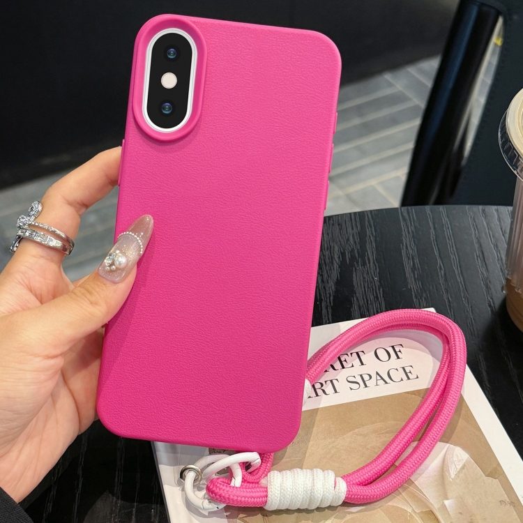 

For iPhone XS Max Leather Texture TPU Full Coverage Phone Case with Lanyard(Rose Red)