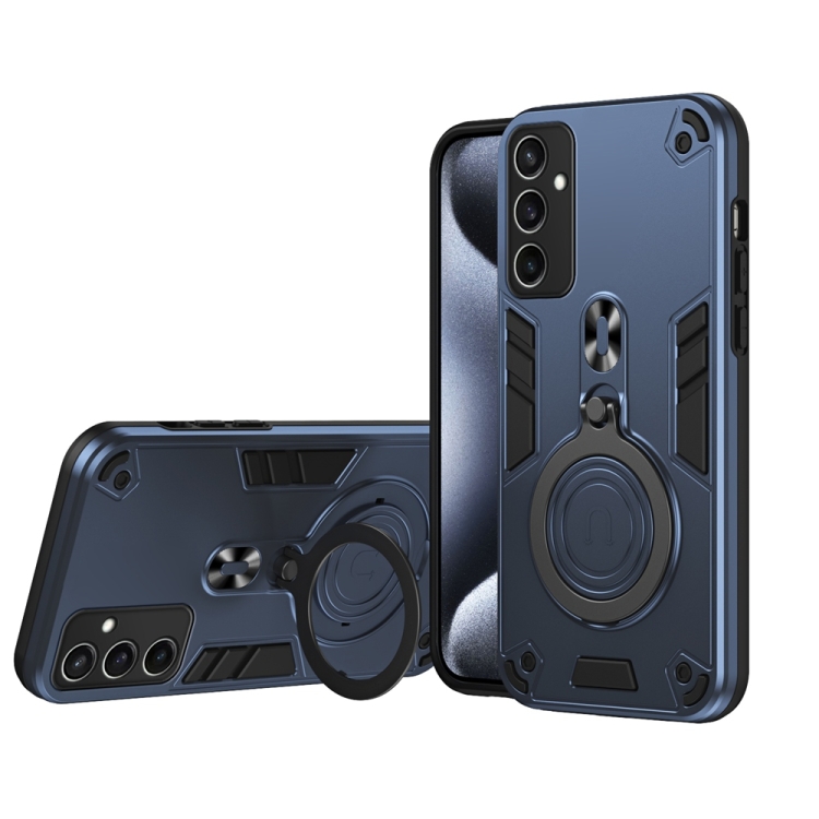 

For Samsung Galaxy S24 FE 5G Metal Ring 360 Degree Rotating Holder PC Hybrid TPU Phone Case(Navy Blue)