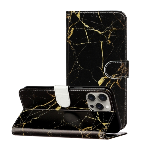 

For iPhone 16 Pro Max Colored Drawing Marble Pattern Leather Phone Case(Black Gold Marble)