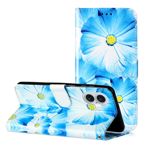 

For iPhone 16 Plus Colored Drawing Marble Pattern Leather Phone Case(Blue Flower)