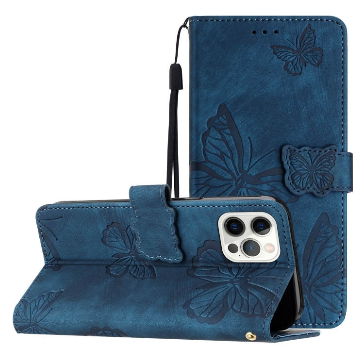

For iPhone 16 Pro Skin-feel Embossed Butterfly Leather Phone Case(Blue)