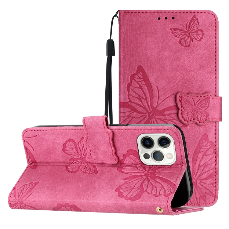 

For iPhone 16 Pro Skin-feel Embossed Butterfly Leather Phone Case(Rose Red)
