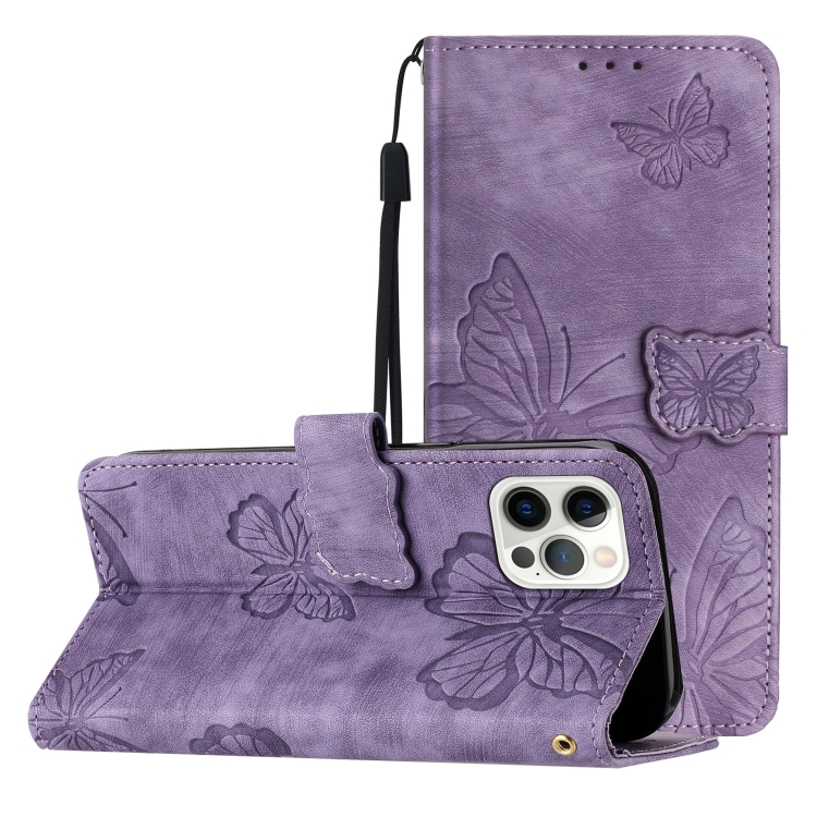 

For iPhone 16 Pro Skin-feel Embossed Butterfly Leather Phone Case(Purple)