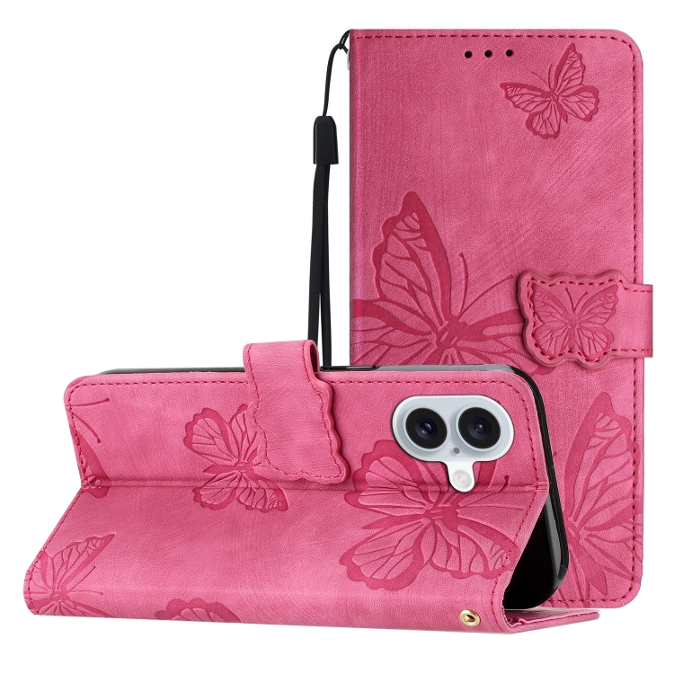 

For iPhone 16 Plus Skin-feel Embossed Butterfly Leather Phone Case(Rose Red)