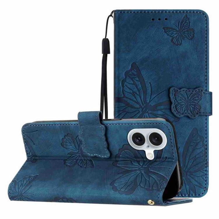 

For iPhone 17 Skin-feel Embossed Butterfly Leather Phone Case(Blue)