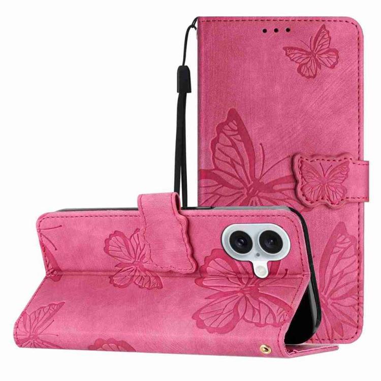 

For iPhone 17 Skin-feel Embossed Butterfly Leather Phone Case(Rose Red)