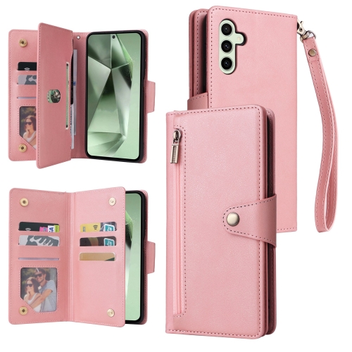 

For Samsung Galaxy S24 FE 5G Rivet Buckle 9 Cards 3-Fold Wallet Leather Phone Case(Rose Gold)