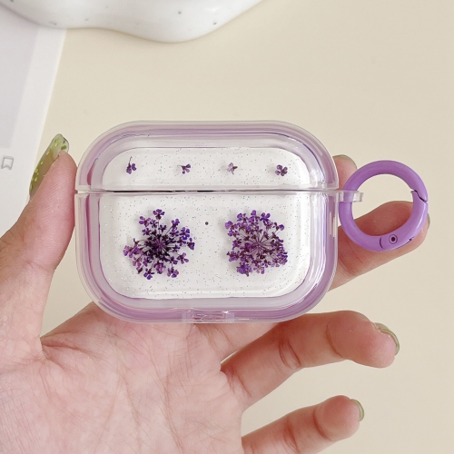 

For AirPods Pro 2 Glitter Snowflake Epoxy Dried Flowers Earbuds Box TPU Case(Purple)