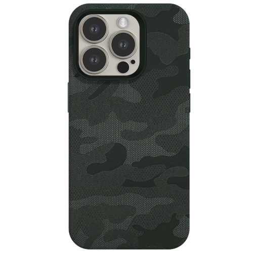 

For iPhone 15 Pro Camouflage Ice Feel Texture MagSafe PU Hybrid PC Phone Case(Army Green)