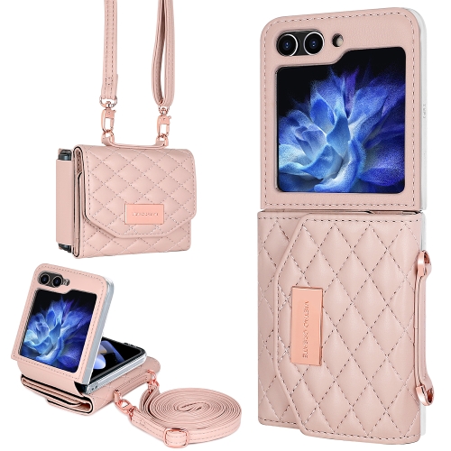 

For Samsung Galaxy Z Flip6 VIETAO Rhombic Texture Wallet PU Phone Case with Long Lanyard(Pink)