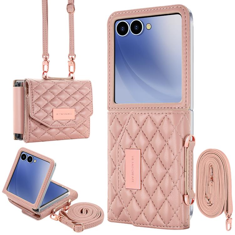 

For Samsung Galaxy Z Flip7 5G VIETAO Rhombic Texture Wallet PU Phone Case with Long Lanyard(Pink)