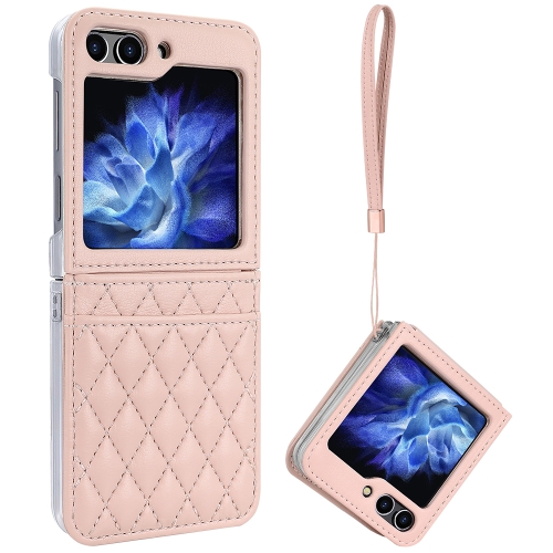 

For Samsung Galaxy Z Flip6 VIETAO Rhombic Texture PU Card Slot Phone Case with Lanyard(Pink)