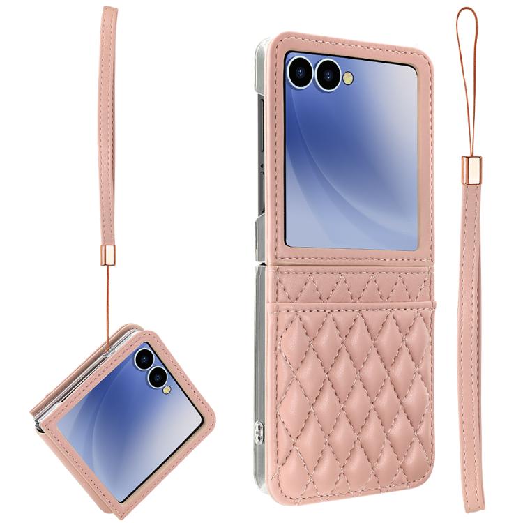 

For Samsung Galaxy Z Flip7 5G VIETAO Rhombic Texture PU Card Slot Phone Case with Lanyard(Pink)