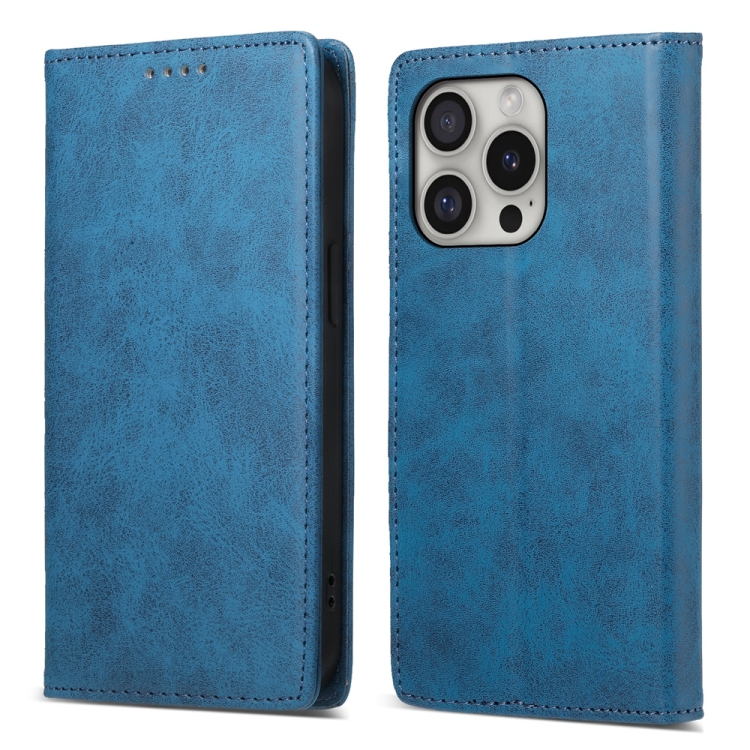 

For iPhone 16 Pro Business Solid Color Magnetic RFID Leather Phone Case(Blue)