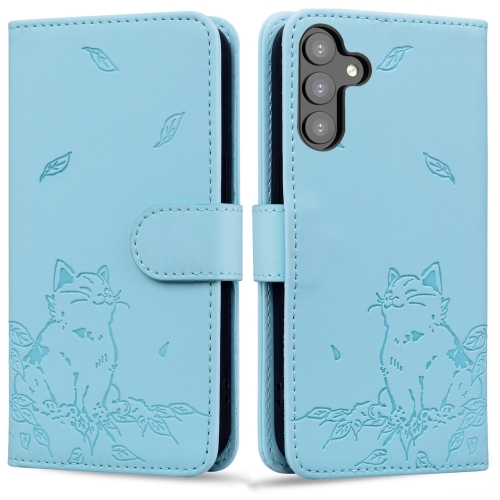 

For Samsung Galaxy S24+ 5G Cute Cat Embossed Leather Phone Case(Sky Blue)