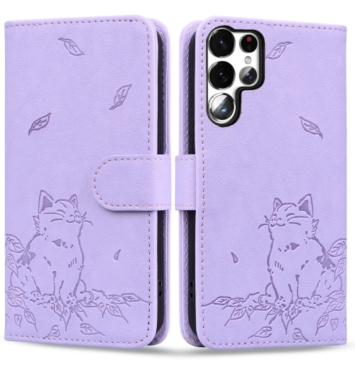 

For Samsung Galaxy S23 Ultra 5G Cute Cat Embossed Leather Phone Case(Purple)