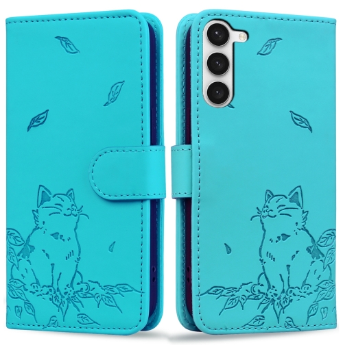 

For Samsung Galaxy S23+ 5G Cute Cat Embossed Leather Phone Case(Lake Blue)