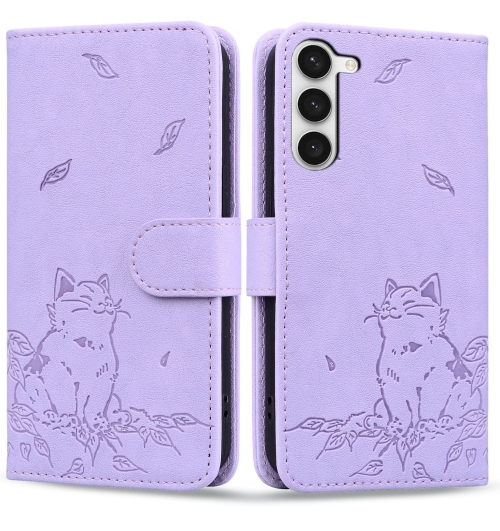 

For Samsung Galaxy S23 5G Cute Cat Embossed Leather Phone Case(Purple)