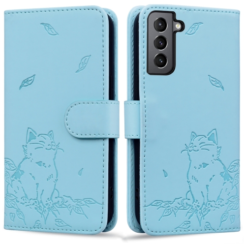 

For Samsung Galaxy S22 5G Cute Cat Embossed Leather Phone Case(Sky Blue)