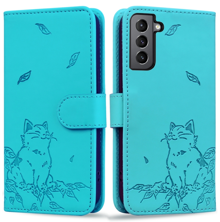

For Samsung Galaxy S22 5G Cute Cat Embossed Leather Phone Case(Lake Blue)