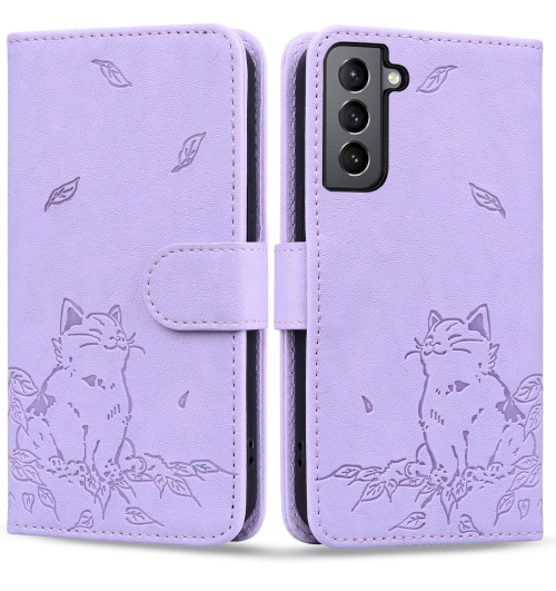 

For Samsung Galaxy S22+ 5G Cute Cat Embossed Leather Phone Case(Purple)