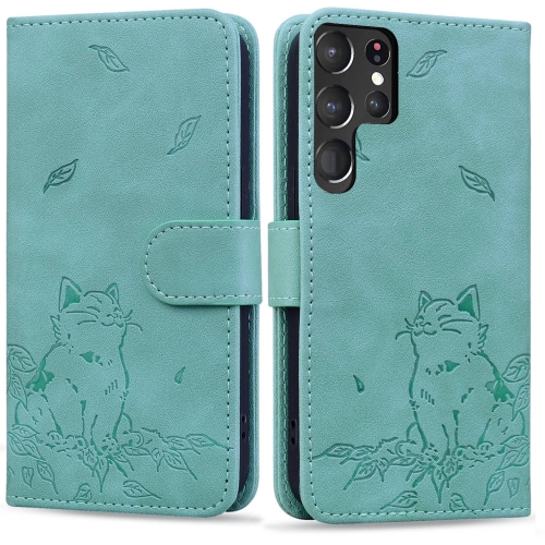 

For Samsung Galaxy S22 Ultra 5G Cute Cat Embossed Leather Phone Case(Green)