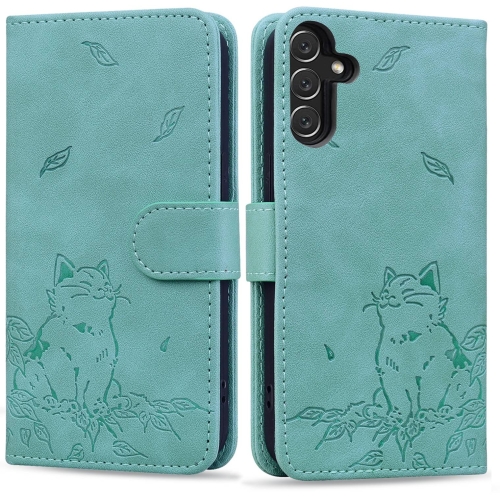 

For Samsung Galaxy S24 FE 5G Cute Cat Embossed Leather Phone Case(Green)