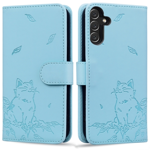 

For Samsung Galaxy S24 FE 5G Cute Cat Embossed Leather Phone Case(Sky Blue)