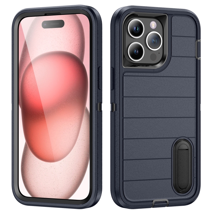 

For iPhone 15 Pro Defender Gen2 Rugged PC + Silicone Phone Case with Holder(Dark Blue+Black)