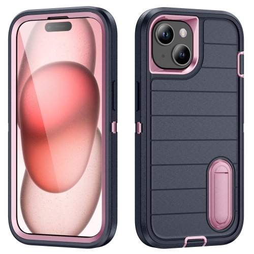 

For iPhone 15 Plus Defender Gen2 Rugged PC + Silicone Phone Case with Holder(Dark Blue+Light Pink)