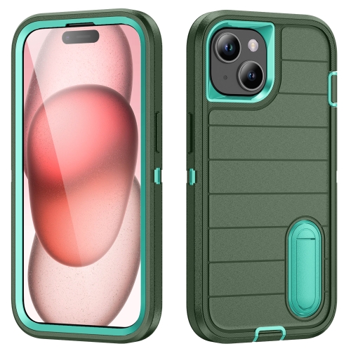 

For iPhone 15 Plus Defender Gen2 Rugged PC + Silicone Phone Case with Holder(Dark Green+Cyan)