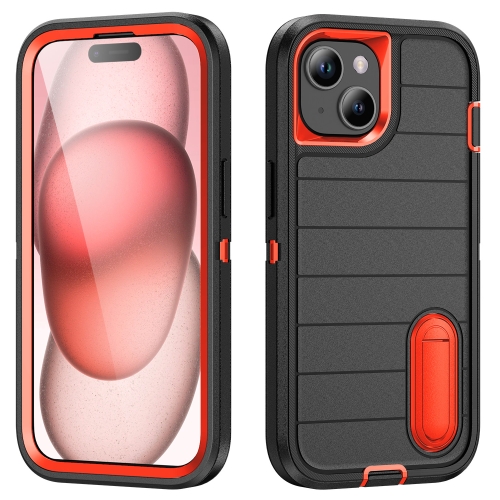 

For iPhone 15 Defender Gen2 Rugged PC + Silicone Phone Case with Holder(Black+Orange)