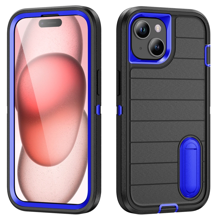 

For iPhone 15 Defender Gen2 Rugged PC + Silicone Phone Case with Holder(Black+Dark Blue)