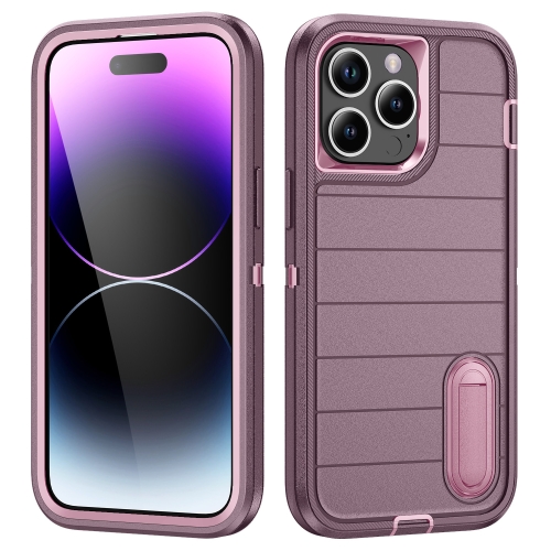 

For iPhone 14 Pro Max Defender Gen2 Rugged PC + Silicone Phone Case with Holder(Purple+Light Pink)