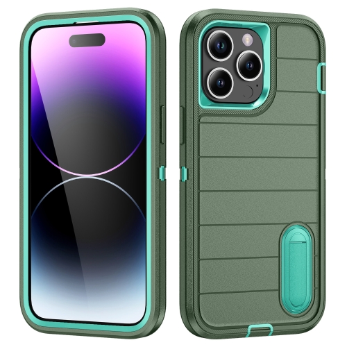 

For iPhone 14 Pro Defender Gen2 Rugged PC + Silicone Phone Case with Holder(Dark Green+Cyan)