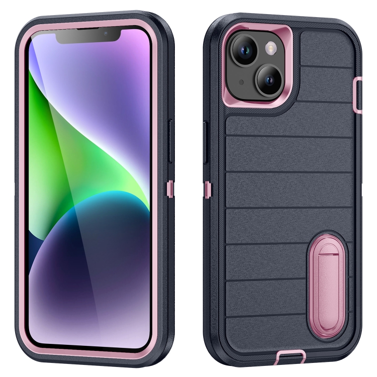 

For iPhone 14 Plus Defender Gen2 Rugged PC + Silicone Phone Case with Holder(Dark Blue+Light Pink)