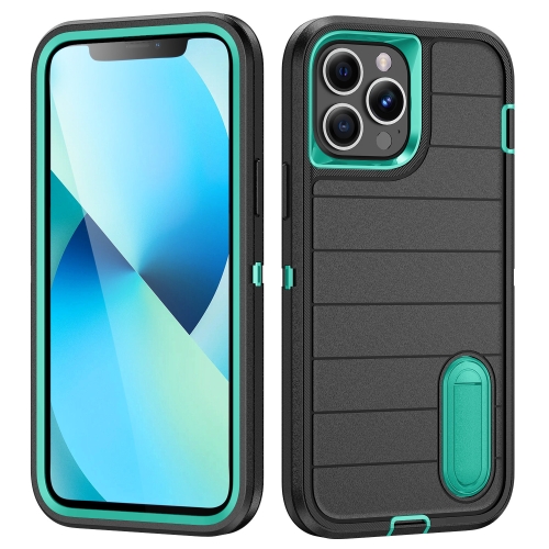 

For iPhone 13 Pro Max Defender Gen2 Rugged PC + Silicone Phone Case with Holder(Black+Cyan)