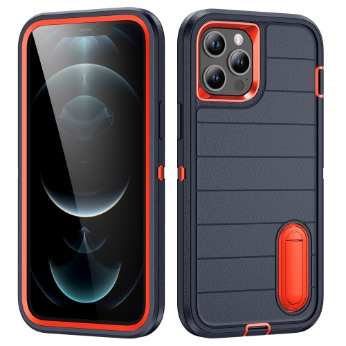 

For iPhone 12 Pro Max Defender Gen2 Rugged PC + Silicone Phone Case with Holder(Dark Blue+Orange)