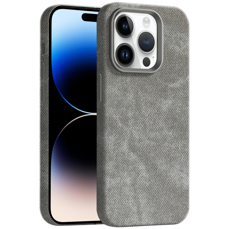 

For iPhone 14 Pro Max Skin Feel Denim Leather MagSafe Phone Case(Grey)