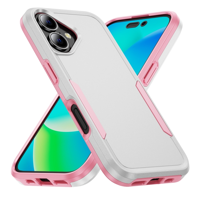 

For iPhone 16 Pioneer Armor Heavy Duty PC + TPU Phone Case(White+Pink)