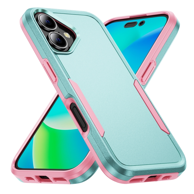 

For iPhone 16 Pioneer Armor Heavy Duty PC + TPU Phone Case(Green+Pink)